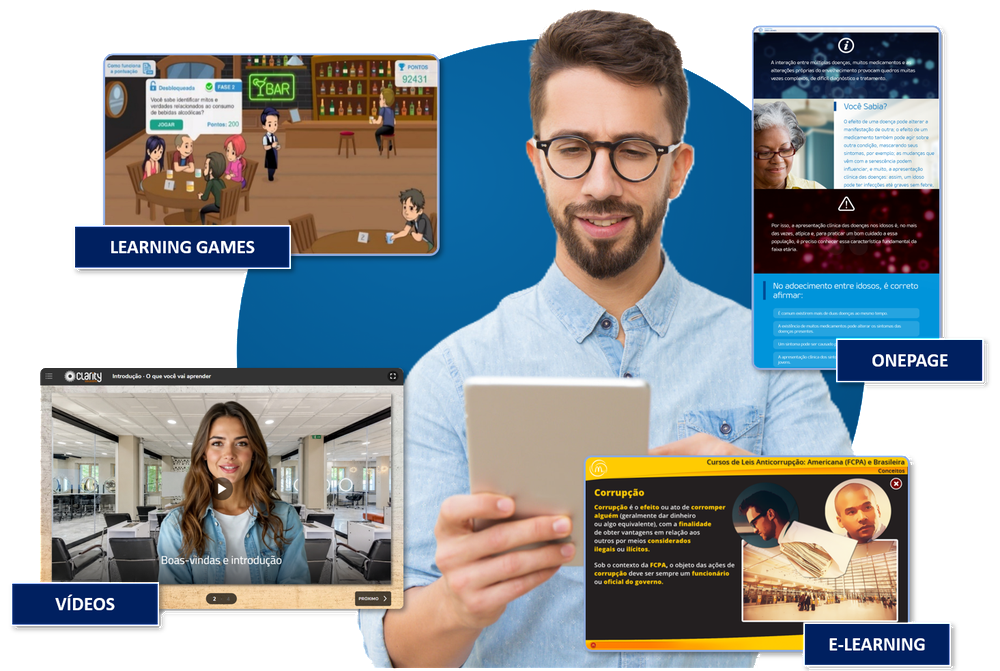 Four screens from projects produced by Clarity: a compliance course, a video with a presenter, a healthcare course and a learning game