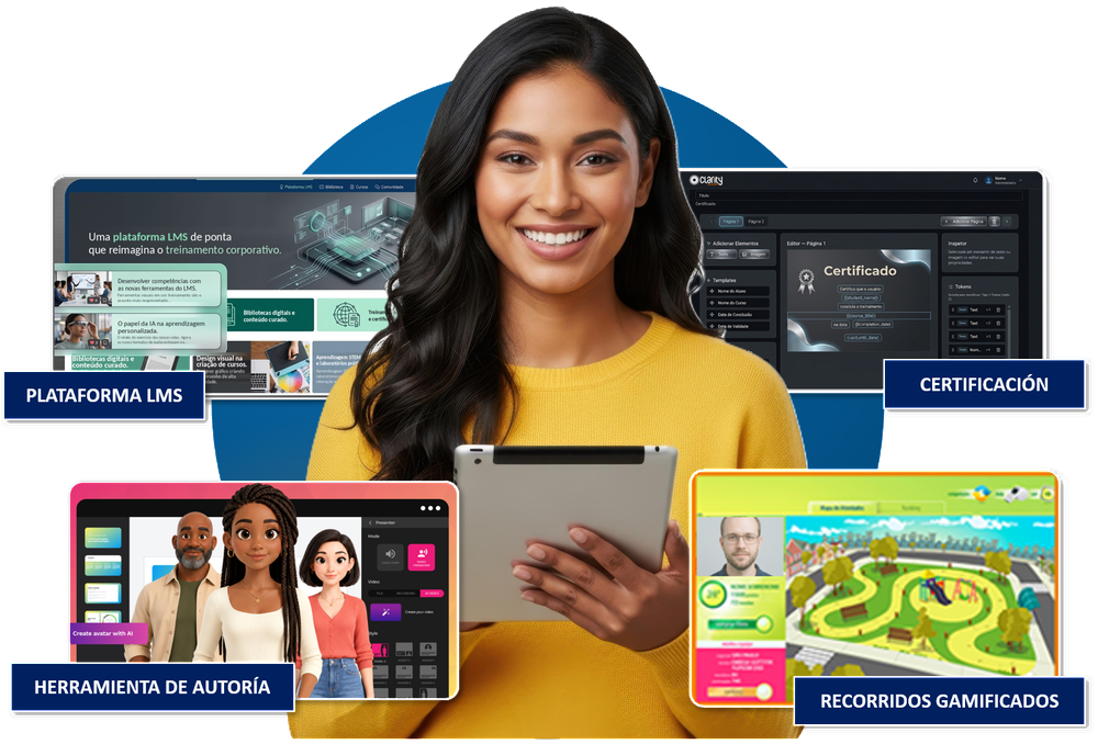 Cuatro pantallas de las tecnologías de Clarity: la plataforma LMS, el ranking de un recorrido gamificado, la herramienta de autoría y el editor de certificados de la plataforma