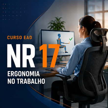 Capa do curso NR-17: uma pessoa sentada em cadeira de escritório diante do monitor, que mostra a postura correta, com o título Ergonomia no trabalho