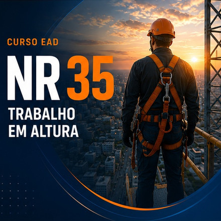 Capa do curso NR-35: um trabalhador de capacete e cinto de segurança no alto de uma estrutura, com a cidade ao fundo, e o título Trabalho em altura