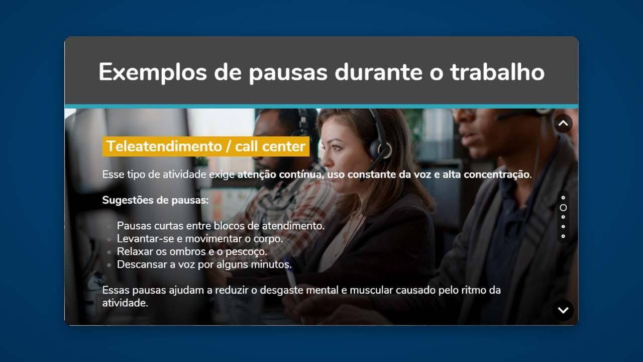 Tela de um curso de NR com exemplos de pausas durante a jornada de teleatendimento