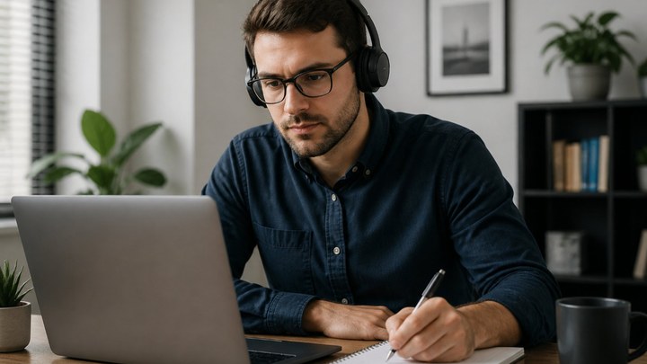 A person wearing headphones following a course on a laptop and taking notes by hand