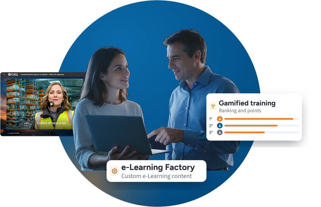 Two people talking in front of a laptop. Beside them, the screen of a video course on safety culture produced by Clarity, an e-Learning Factory badge for custom e-Learning content, and a gamified training panel with a ranking and points.