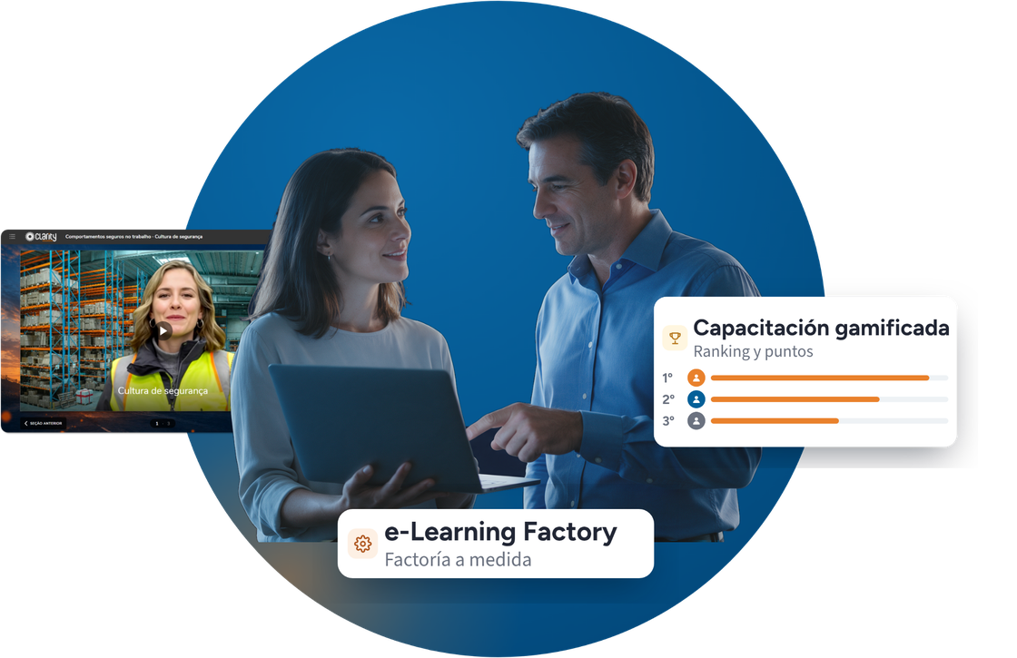 Dos personas conversando frente a una notebook. Al lado, la pantalla de un curso en video sobre cultura de seguridad producido por Clarity, un sello e-Learning Factory de factoría a medida, y un panel de capacitación gamificada con ranking y puntos.