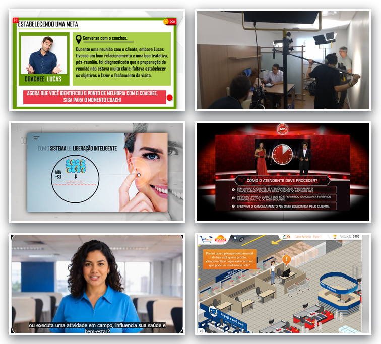 Six screens from courses produced by Clarity: a coaching activity, a video shoot in the studio, a course on cosmetic technology, a quiz styled as a TV game show, a video with a presenter about health and wellbeing and a store management game.