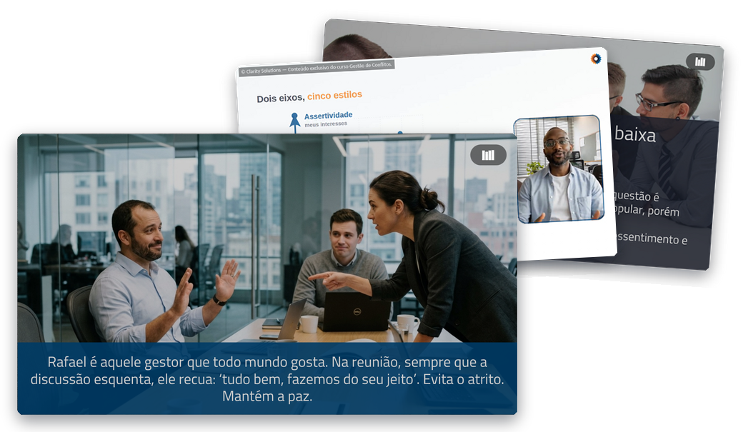 Telas do curso Gestão de Conflitos: o caso do gestor Rafael em reunião, os dois eixos do conflito e o estilo Competição