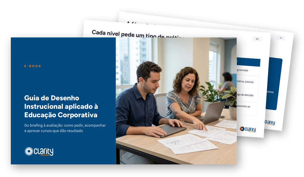 Capa do e-book Guia de Desenho Instrucional aplicado à Educação Corporativa, com duas telas internas ao fundo
