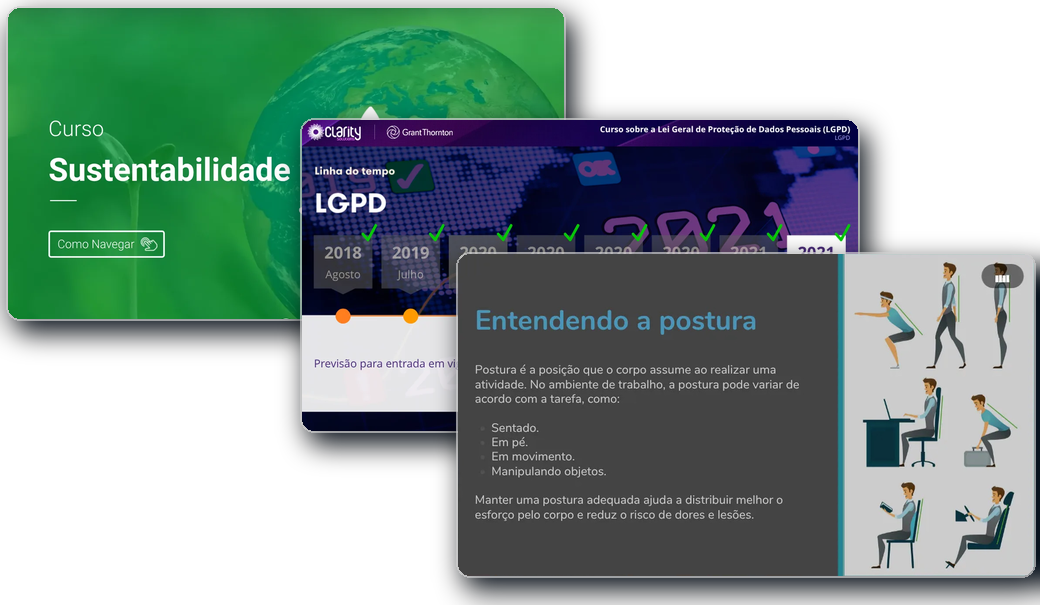 Três telas das amostras: a abertura do conteúdo de Sustentabilidade, a linha do tempo da LGPD e a tela de postura do curso de NR-17