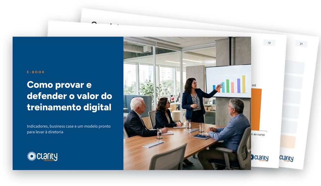 Capa do e-book Como provar e defender o valor do treinamento digital, com duas telas internas ao fundo