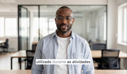 Frame from a video with a digital presenter in an office, with an on-screen subtitle