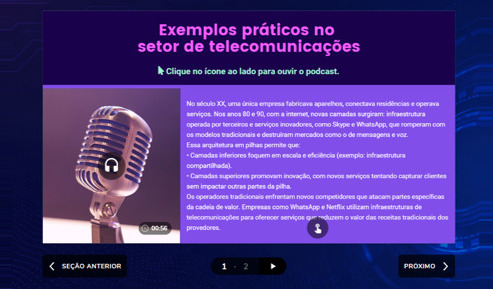Screen from an interactive material about the telecoms sector, with the text beside a podcast the learner plays by clicking the icon