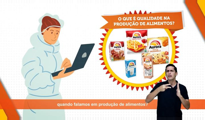 Frame from a short video about food production, with an illustrated character, a presenter and a sign language window