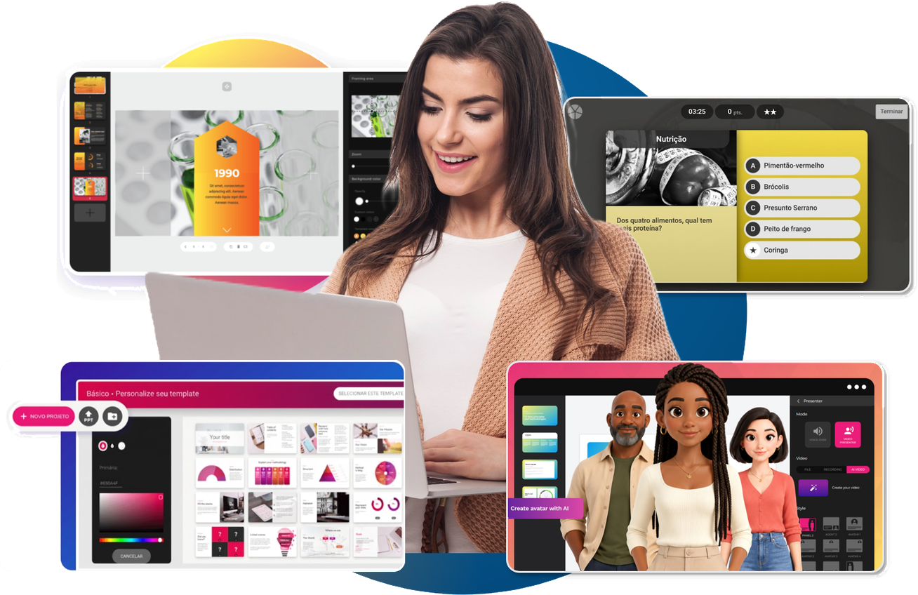 Ferramenta de autoria em uso: o editor com a lista de telas do curso à esquerda e os controles de imagem à direita, uma pergunta de múltipla escolha cronometrada, a galeria de modelos prontos com o ajuste da cor da marca e a tela de criação de avatar.
